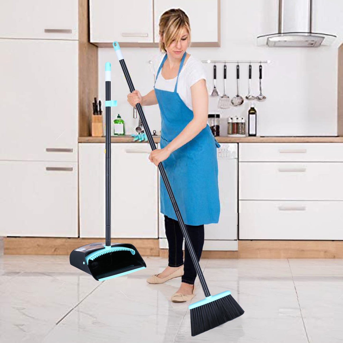 Ylebs Long Handled Dustpan and Brush Set /Broom and Dustpan 137 CM Extendable Handle, Broom Cleans Dustpan Combo for Indoor Outdoor Lobby Office Kitchen Cleaning and Sweeping