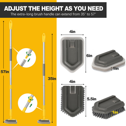 Tub Tile Scrubber Extendable Long Handle147cm,3 in1 Shower Cleaning Brush Stiff Bristle,1Microfiber Pad,2 Scrubbing Sponge for Bathroom Floor Tile Wall Sink Bathtub