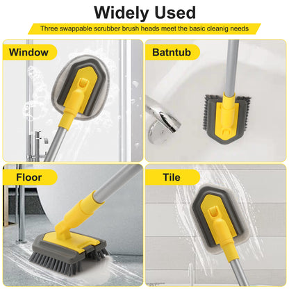 Tub Tile Scrubber Extendable Long Handle147cm,3 in1 Shower Cleaning Brush Stiff Bristle,1Microfiber Pad,2 Scrubbing Sponge for Bathroom Floor Tile Wall Sink Bathtub