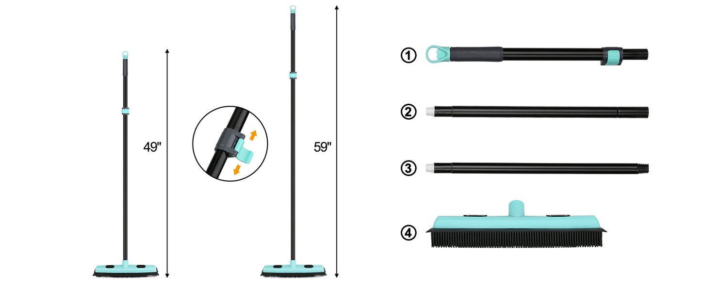 Rubber Floor Brushes Pet Hair Broom with Squeegee150 CM Adjustable Handle, for Hardwood Floor, Tile Artificial Grass Cleaner Brush includes One Microfiber Cloth Dusting