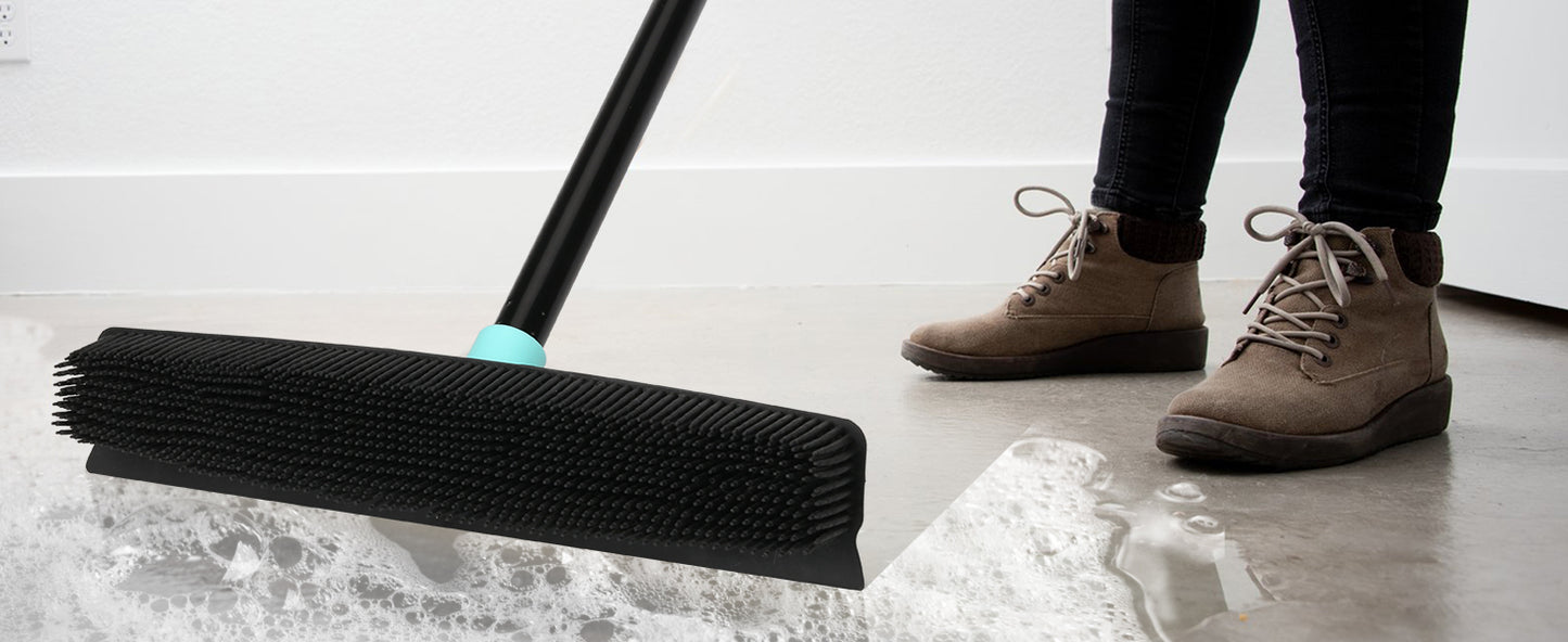 Rubber Floor Brushes Pet Hair Broom with Squeegee150 CM Adjustable Handle, for Hardwood Floor, Tile Artificial Grass Cleaner Brush includes One Microfiber Cloth Dusting