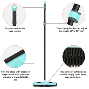 KeFanta Rubber Floor Brushes, Artificial Grass Cleaner Brush with 150 cm Long Handle,Indoor Broom with Squeegee Edge for Carpet Pet Hair Sweeping,Push