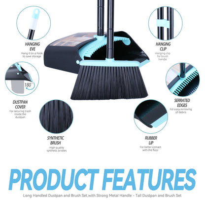 Ylebs Long Handled Dustpan and Brush Set /Broom and Dustpan 137 CM Extendable Handle, Broom Cleans Dustpan Combo for Indoor Outdoor Lobby Office Kitchen Cleaning and Sweeping