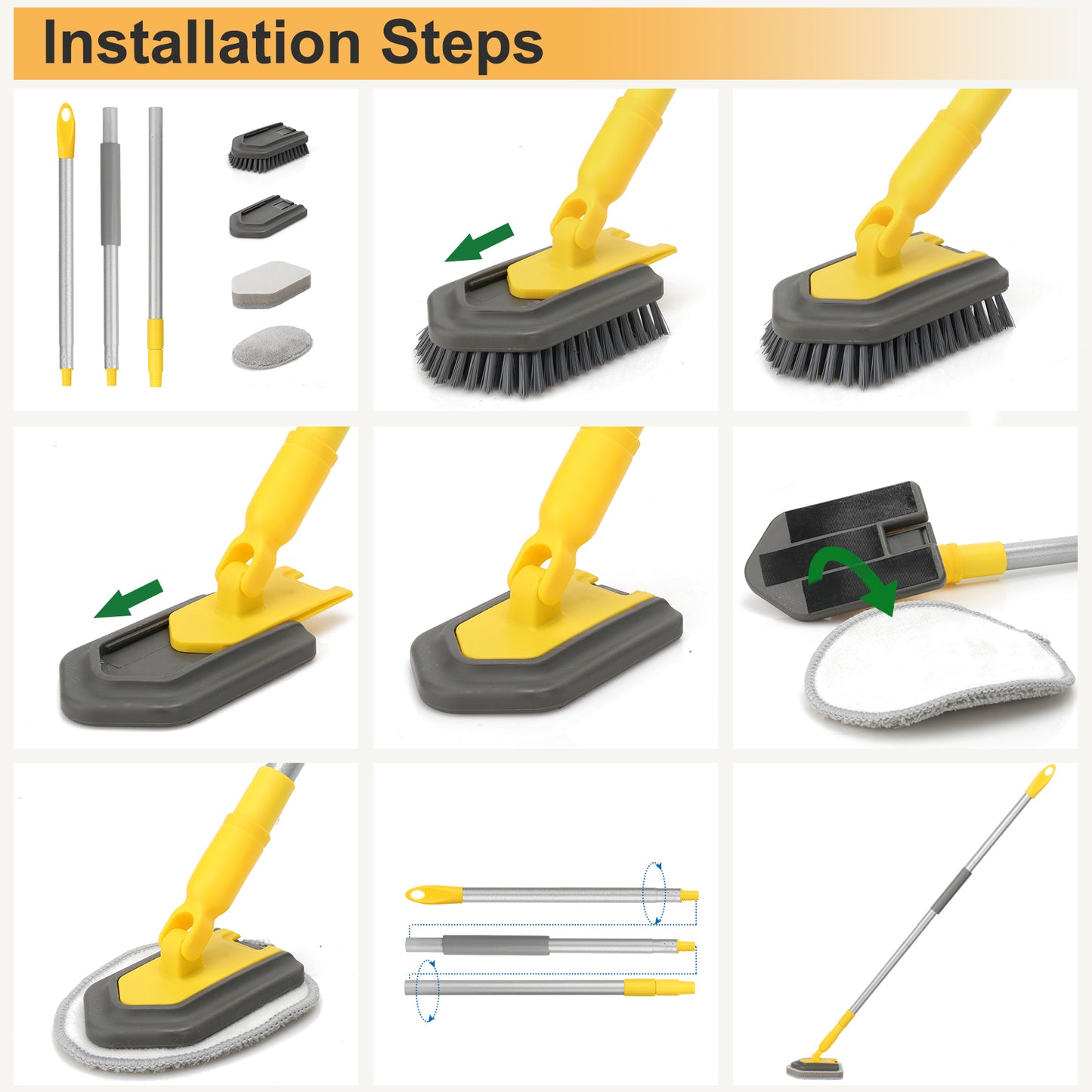 Tub Tile Scrubber Extendable Long Handle147cm,3 in1 Shower Cleaning Brush Stiff Bristle,1Microfiber Pad,2 Scrubbing Sponge for Bathroom Floor Tile Wall Sink Bathtub
