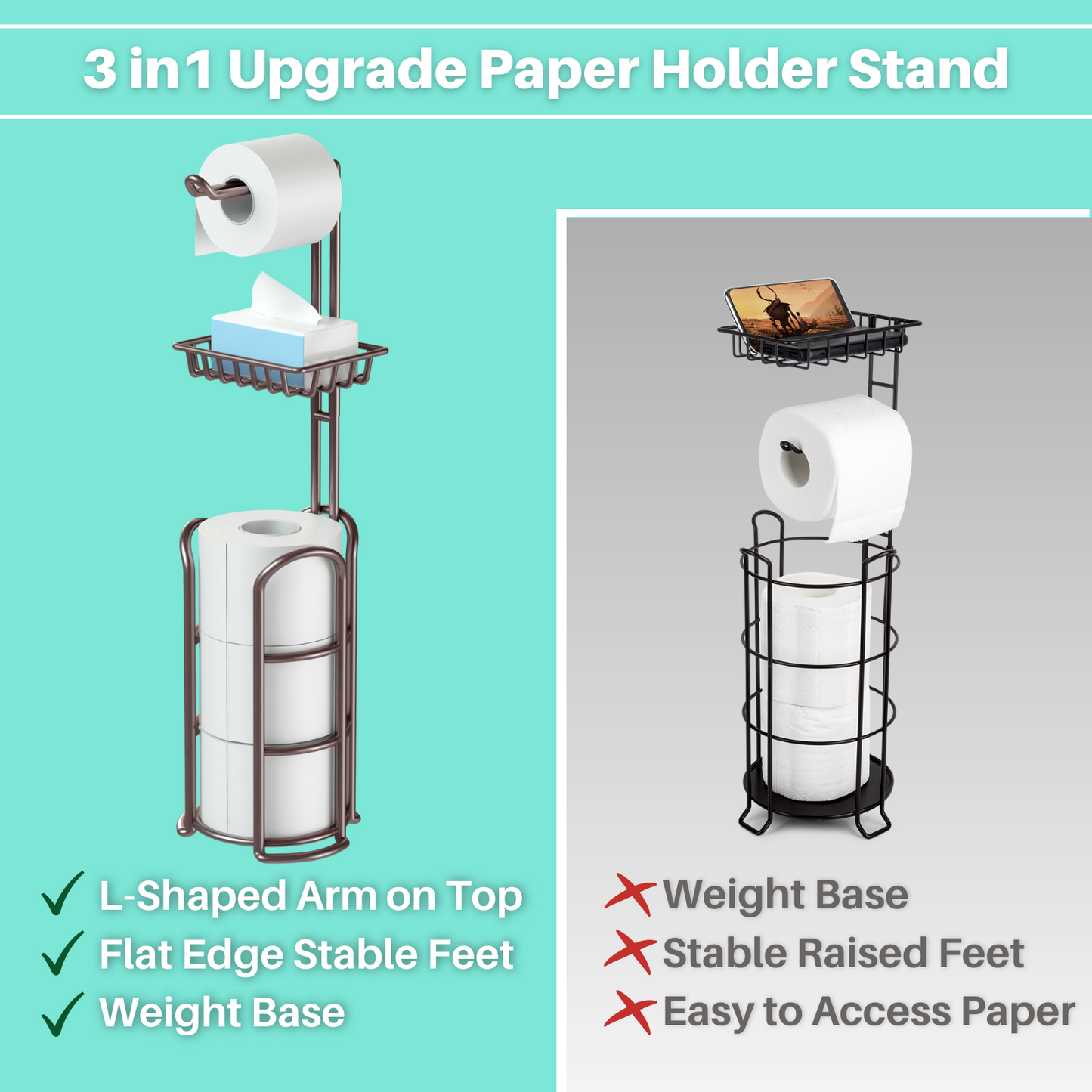 Toilet Paper Holder Stand with Reserve and Dispenser for 4 Mega Roll, Bathroom Freestanding Toilet Tissue Storage with Shelf for Wipes and Phone, Bronze