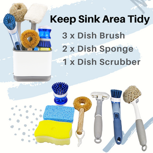 Sink Counter Caddy, Dish Sponge Holder, Kitchen Sink Sponge and Brush Holder, Plastic Dish Scrubber Organizer with Drain Tray, White