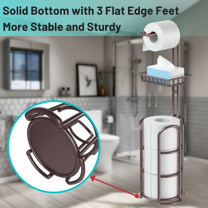 Toilet Paper Holder Stand with Reserve and Dispenser for 4 Mega Roll, Bathroom Freestanding Toilet Tissue Storage with Shelf for Wipes and Phone, Bronze