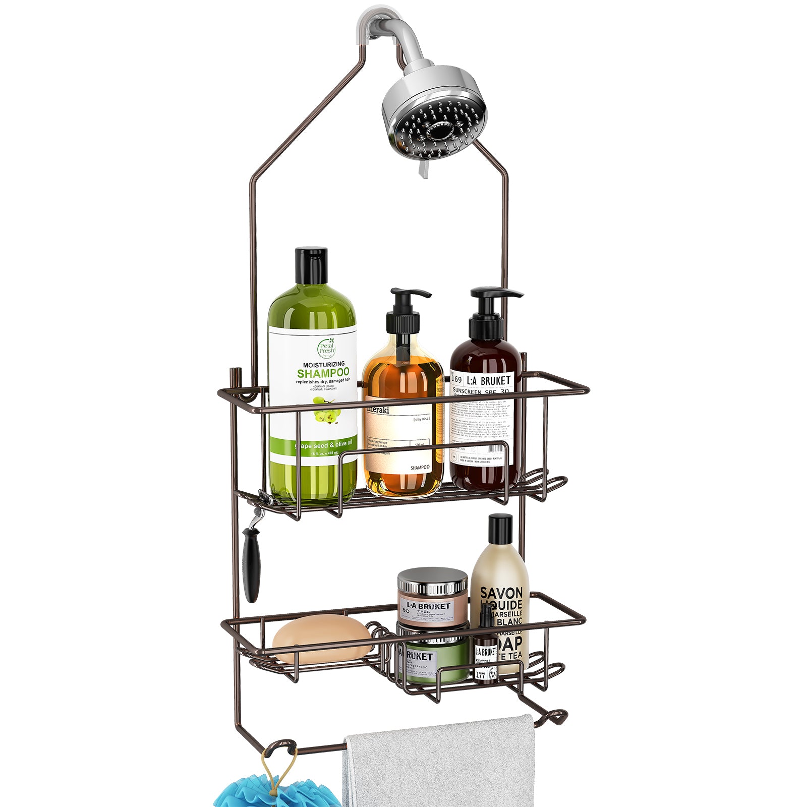 Silver Stainless Steel & Bamboo Hanging Caddy - Over-The-Head Shower  Organizer with Hooks & Suction Cups