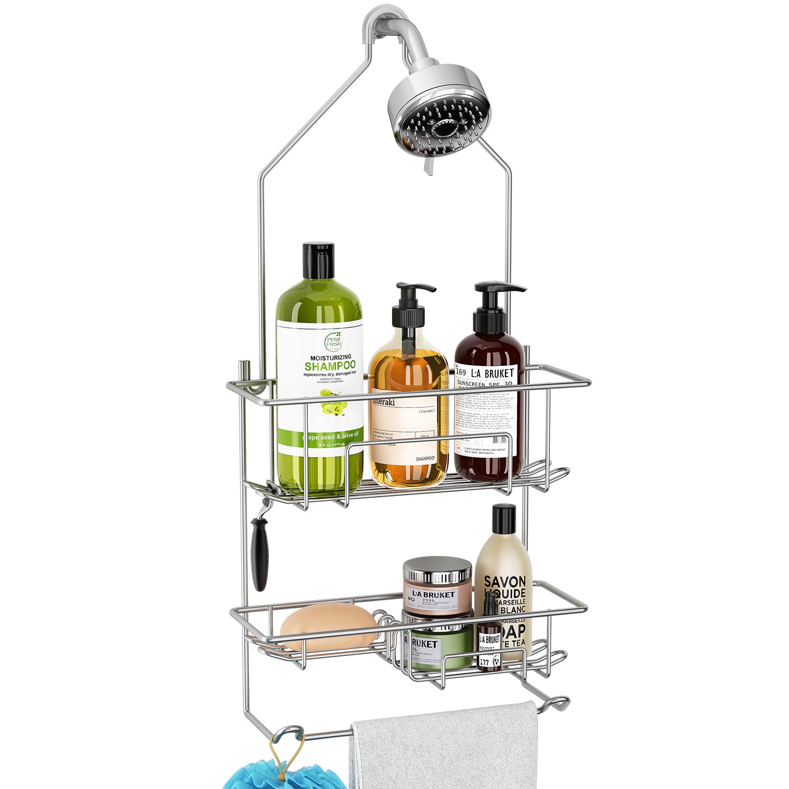 Shower Caddy over Shower Head, Hanging Shower Organizer Rack, Bathroom Caddy  for Shower, Rustproof Shampoo Holder Shelf, Silver