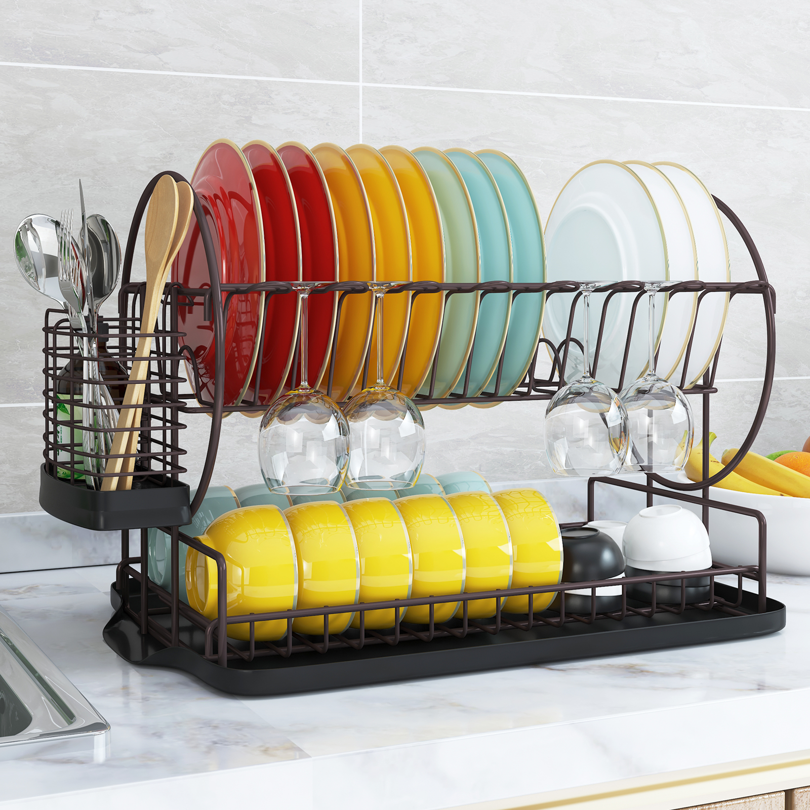 Dish Drying Rack with Drainboard for Kitchen Counter, Bronze 2 Tier Dish  Rack with Utensil Holder, Multifunction Dishes Drainer with Drainage,  Double