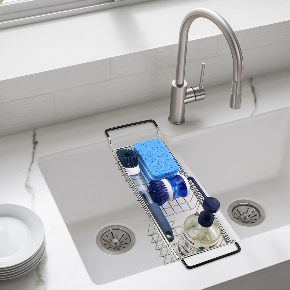 Kitchen Sink Caddy Sponge Holder, Hanging Dish Sponge Organizer Holder, Telescopic Farmhouse Sink Accessories, Over Sink Expandable(14''-20'') Brush Soap Storage Rack - Stainless Steel
