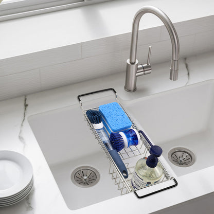 Kitchen Sink Caddy Sponge Holder, Hanging Dish Sponge Organizer Holder, Telescopic Farmhouse Sink Accessories, Over Sink Expandable(14''-20'') Brush Soap Storage Rack - Stainless Steel