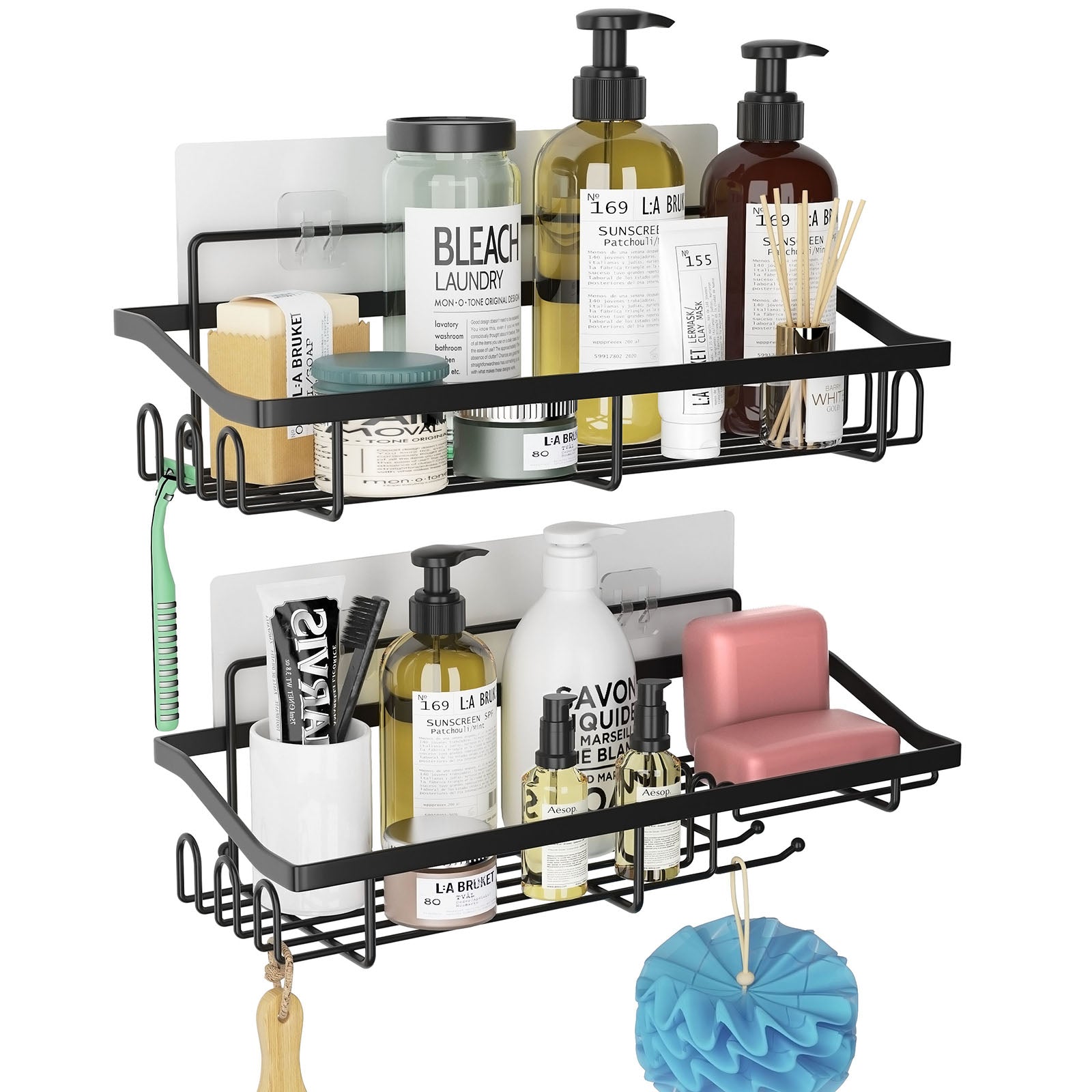 KINCMAX Shower Caddy Basket Shelf Pack of 2 - Self Adhesive Drill-Free  Kitchen or Bathroom Organizer - Black …