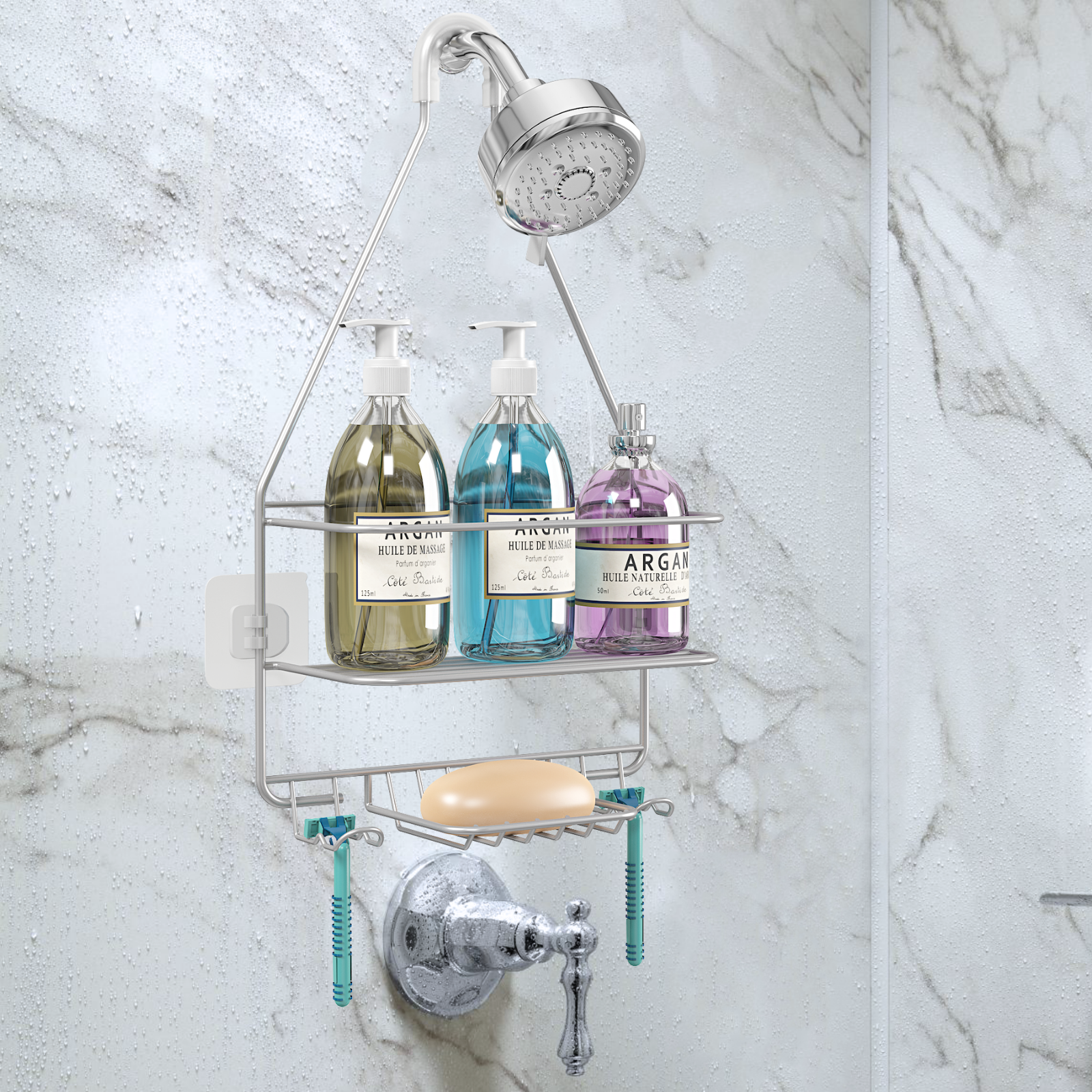 Shower Caddy with Hooks Wall Mounted Shampoo Holder Stainless Steel Silver