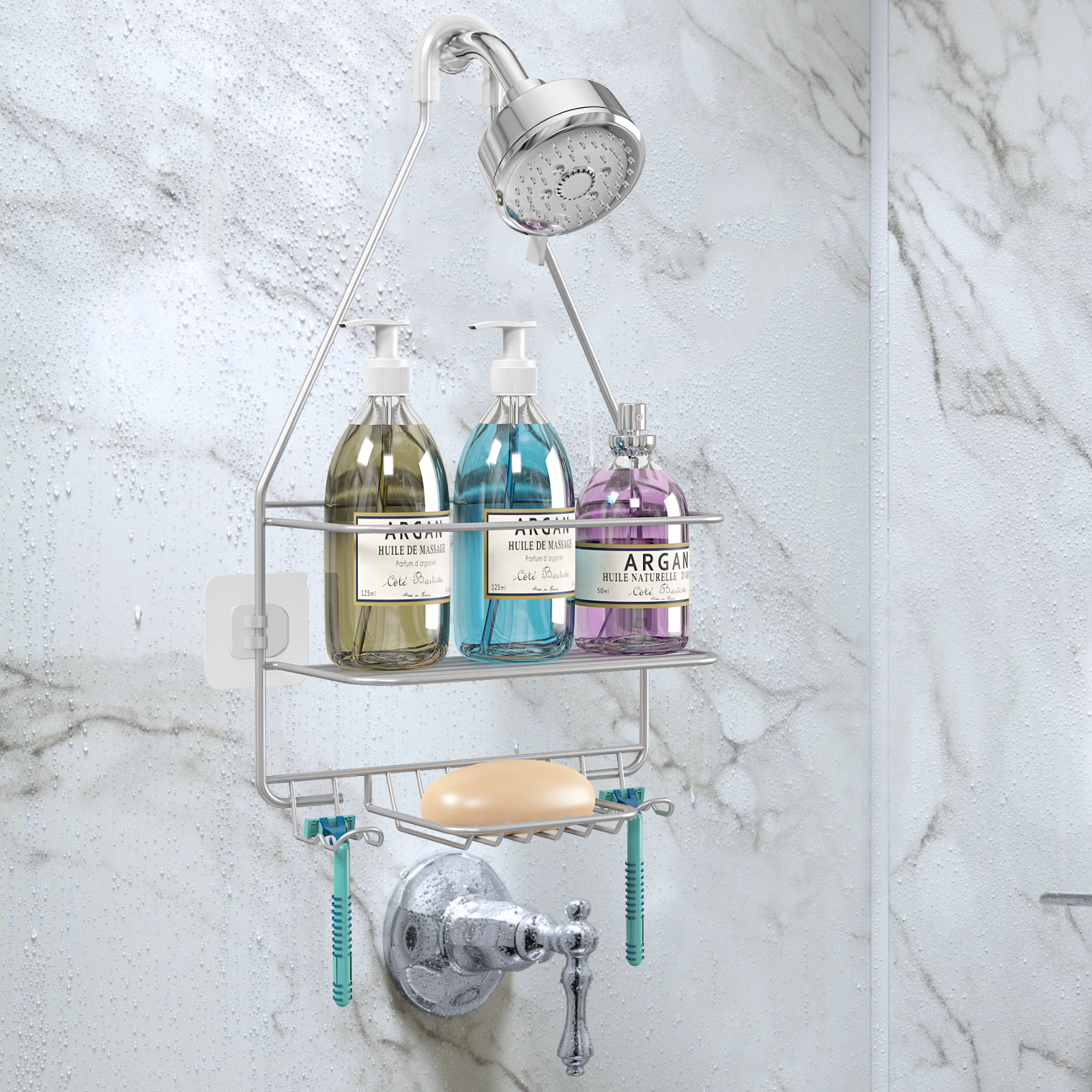 Shower Caddy Over Shower Head, Hanging Rustproof Organizer with Hooks and  Soap Basket, Silver