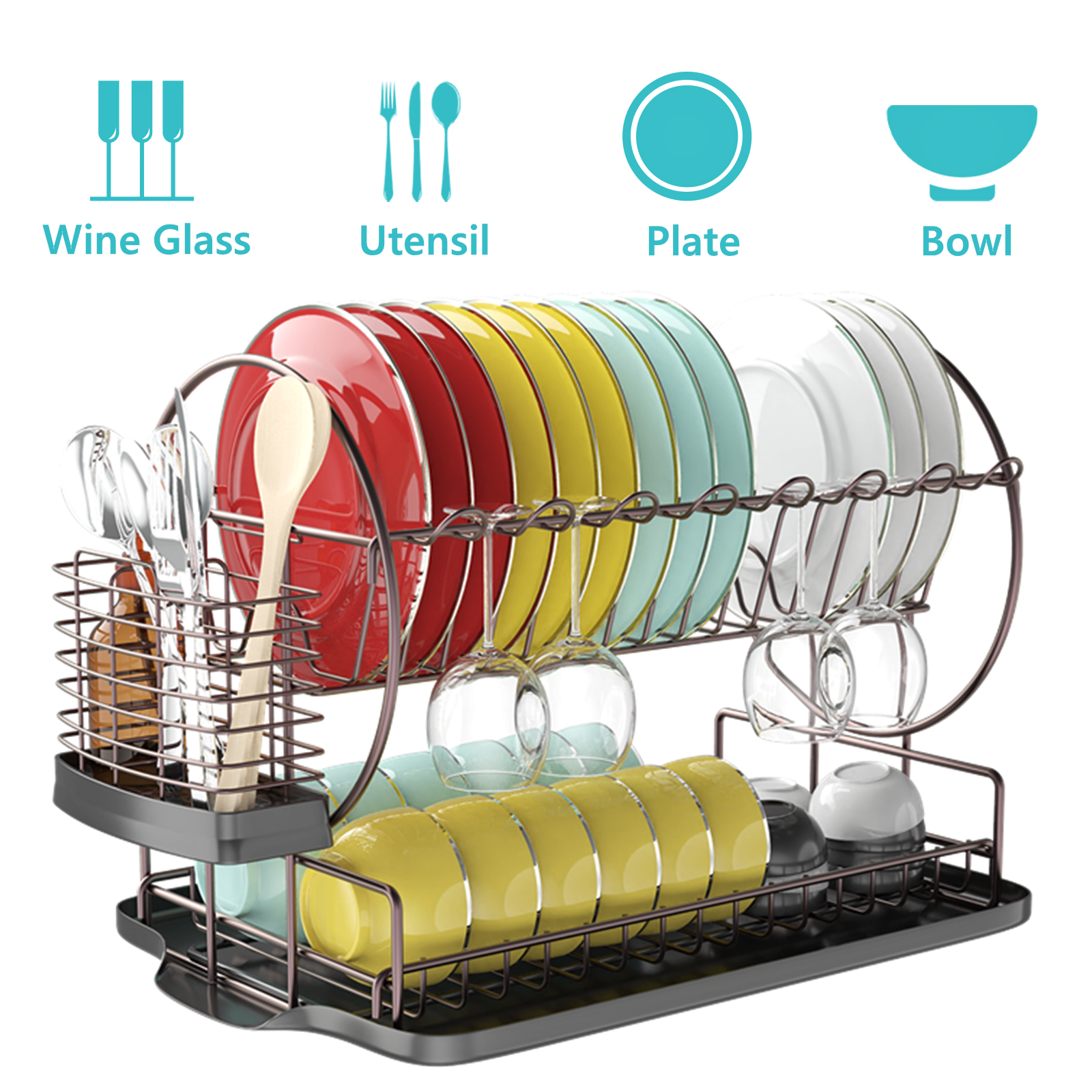 Dish Drying Rack, iSPECLE 2 Tier Dish Rack with Drainer Board with Utensil  & Cup Holder, Black 