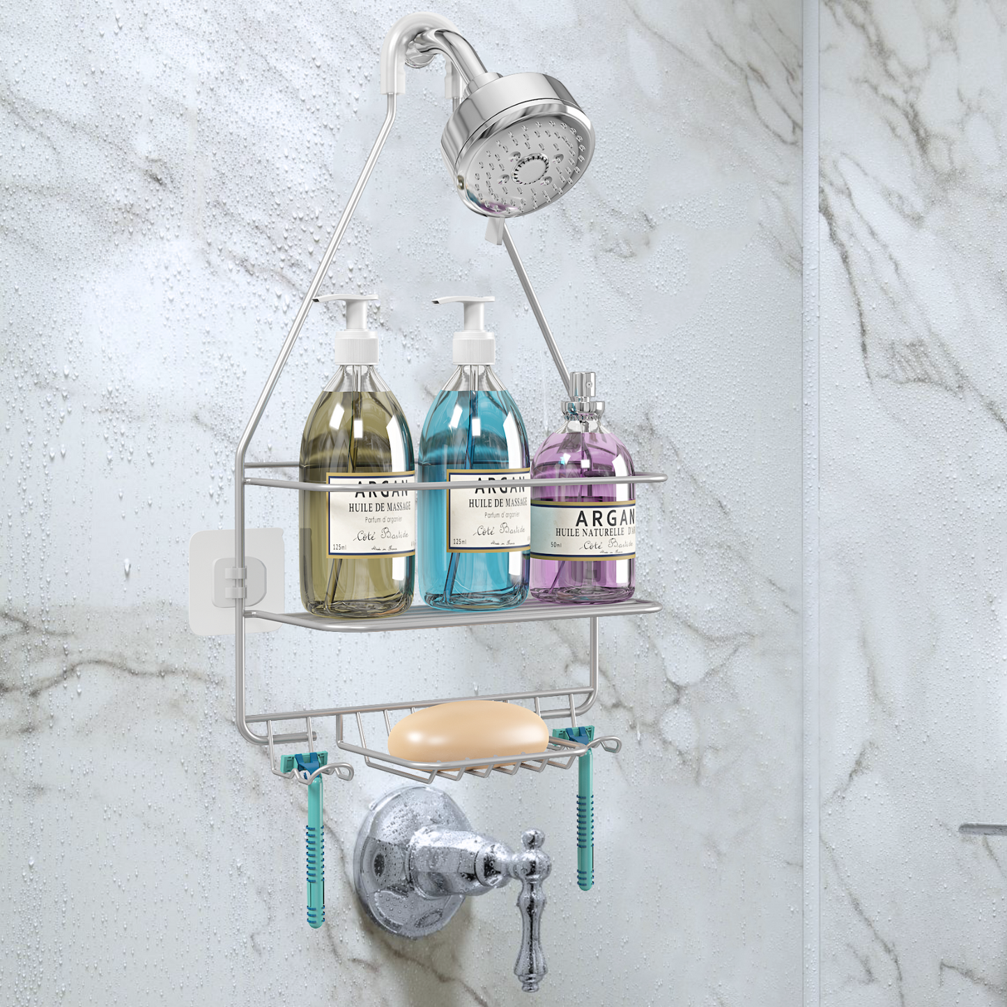 Shower Caddy Over Shower Head, Hanging Shower Organizer, Shampoo Rack and Soap Holder for Bathroom Storage, Silver