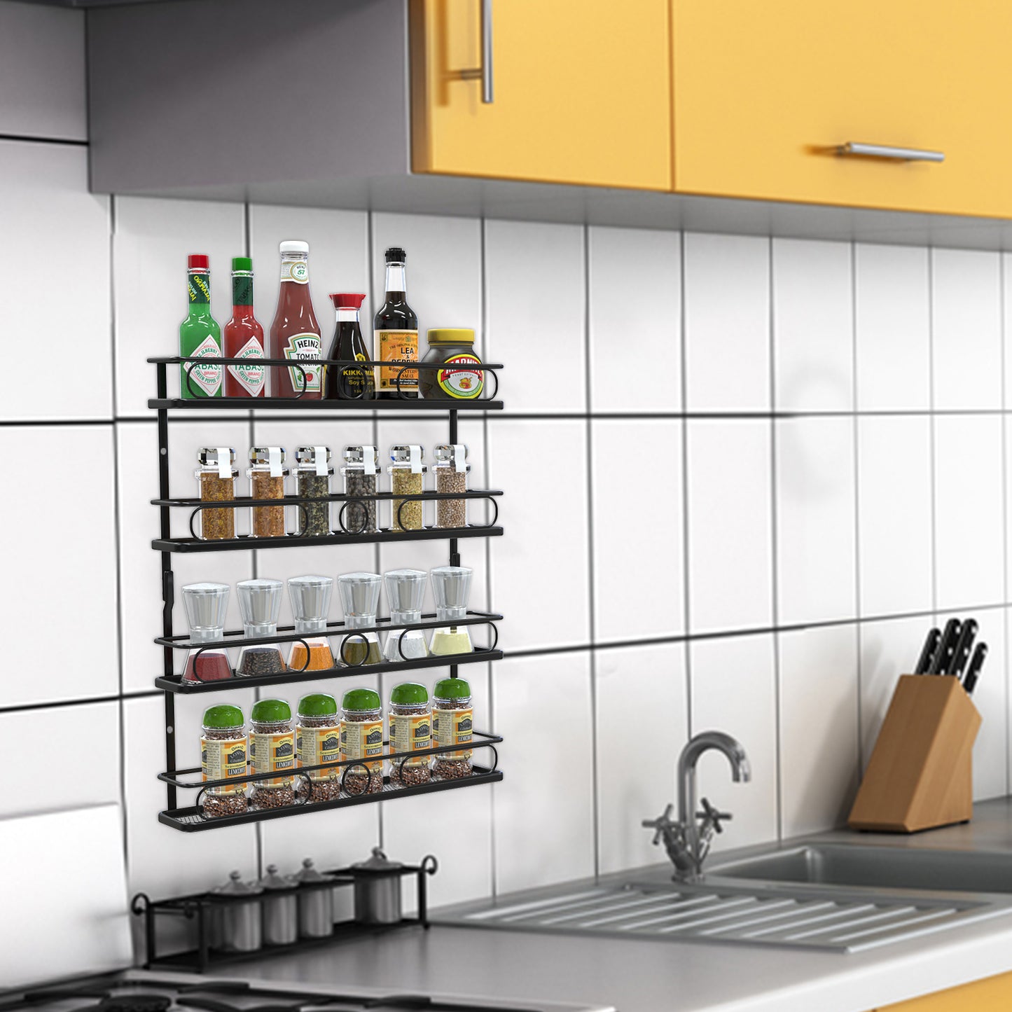 4 Tier Hanging Spice Racks for Wall Mount/Cabinet Pantry Door,Farmhouse Style Seasoning Organizer For Your Kitchen,Black