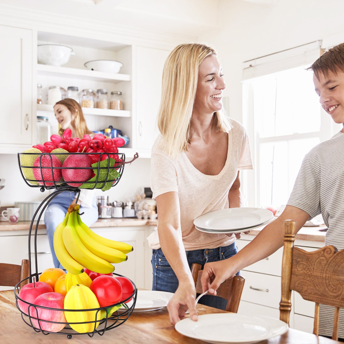 Fruit Basket for Kitchen Countertop, Black 2 Tier Fruits Holder Stand with Banana Hanger, Wire Produce Vegetable Storage Bowl