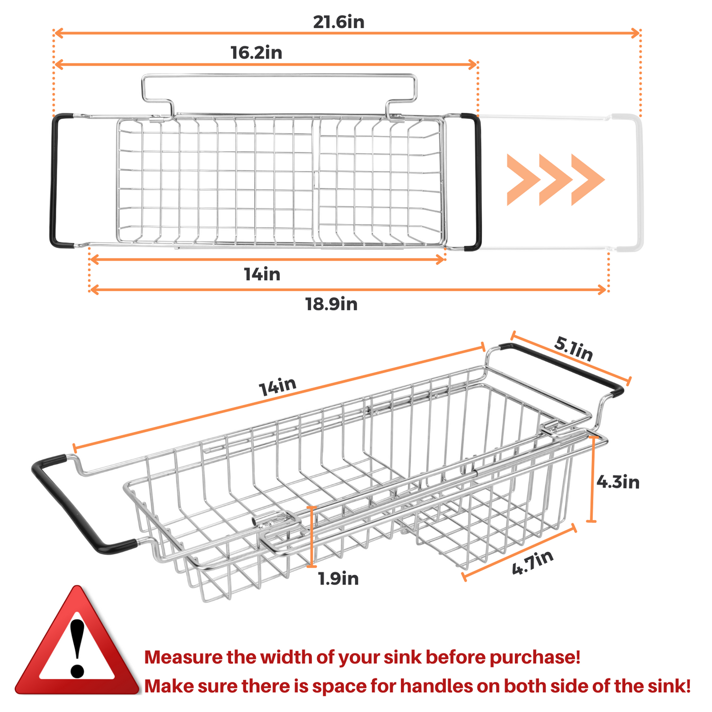 Sink Caddy Kitchen Sink Organizer with Dish Towel Bar, Stainless Steel Telescopic Sink Storage Rack, Farmhouse in Sink Sponge Holder, Expandable Utility Sink Accessories (14''-20'')