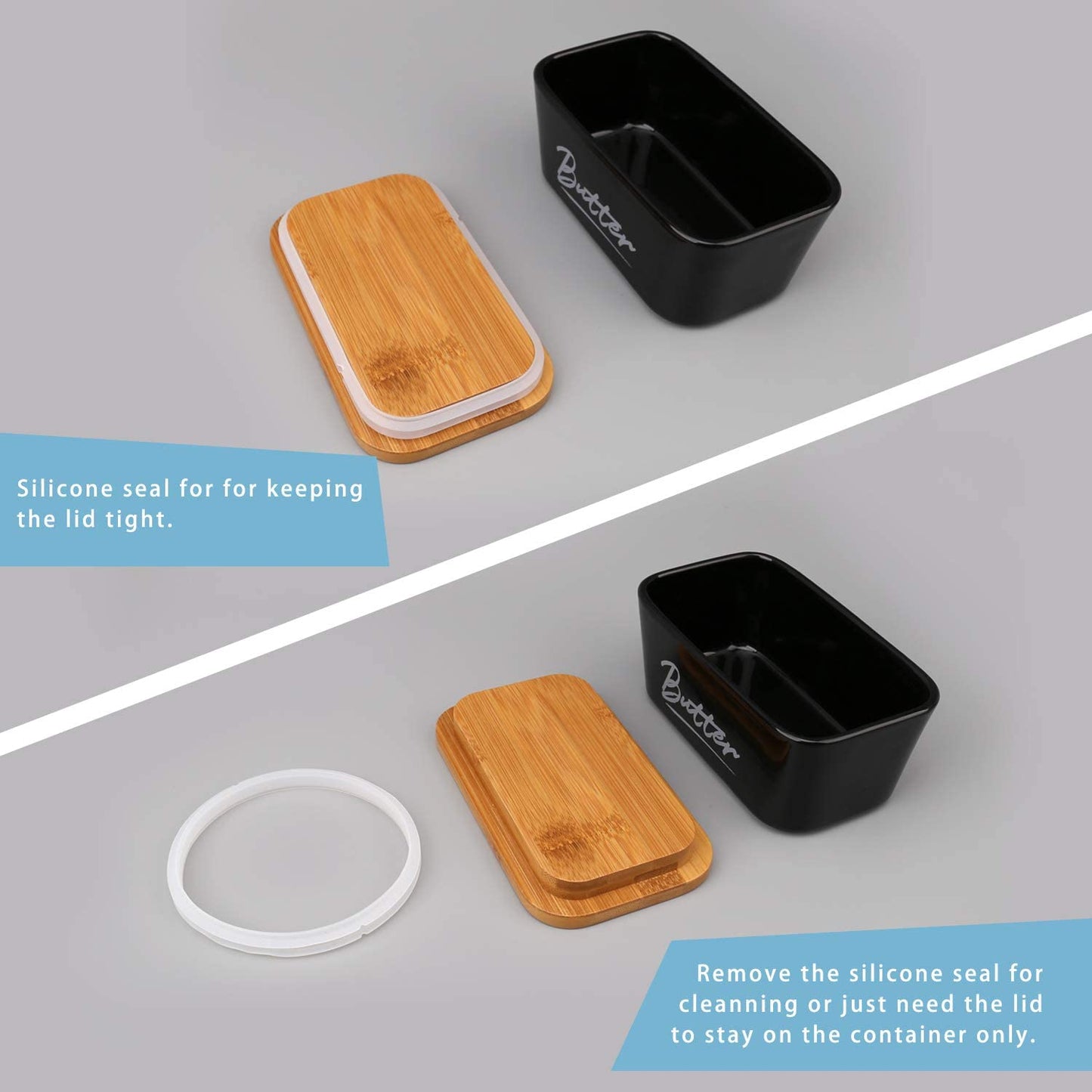 Ceramic Butter Dish with Bamboo Lid for Countertop,Large Butter Keeper with Knife,Black Porcelain Airtight Covered Butter Holder and Container,Perfect for 2 Sticks of Butte