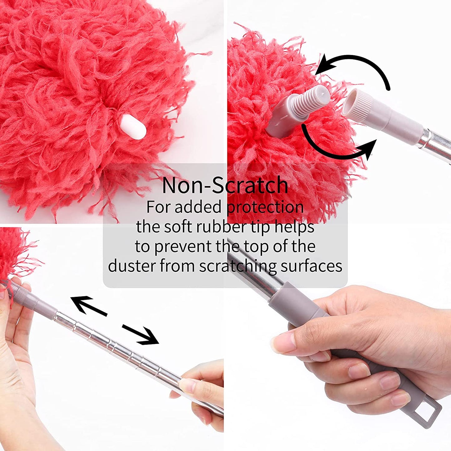 Microfiber Dusters for Cleaning, 98'' Ceiling Fan Duster with Extension Pole, Reusable Extendable Feather Duster, High Ceilings Duster with Long Handle, Red