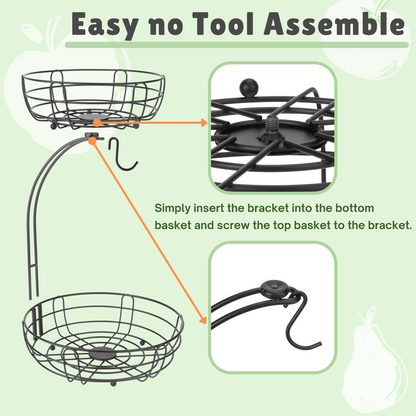 Fruit Basket for Kitchen Countertop, Black 2 Tier Fruits Holder Stand with Banana Hanger, Wire Produce Vegetable Storage Bowl