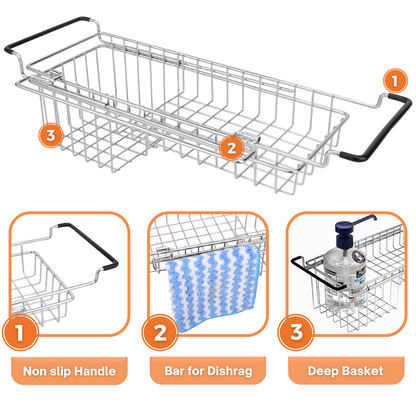 Sink Caddy Kitchen Sink Organizer with Dish Towel Bar, Stainless Steel Telescopic Sink Storage Rack, Farmhouse in Sink Sponge Holder, Expandable Utility Sink Accessories (14''-20'')