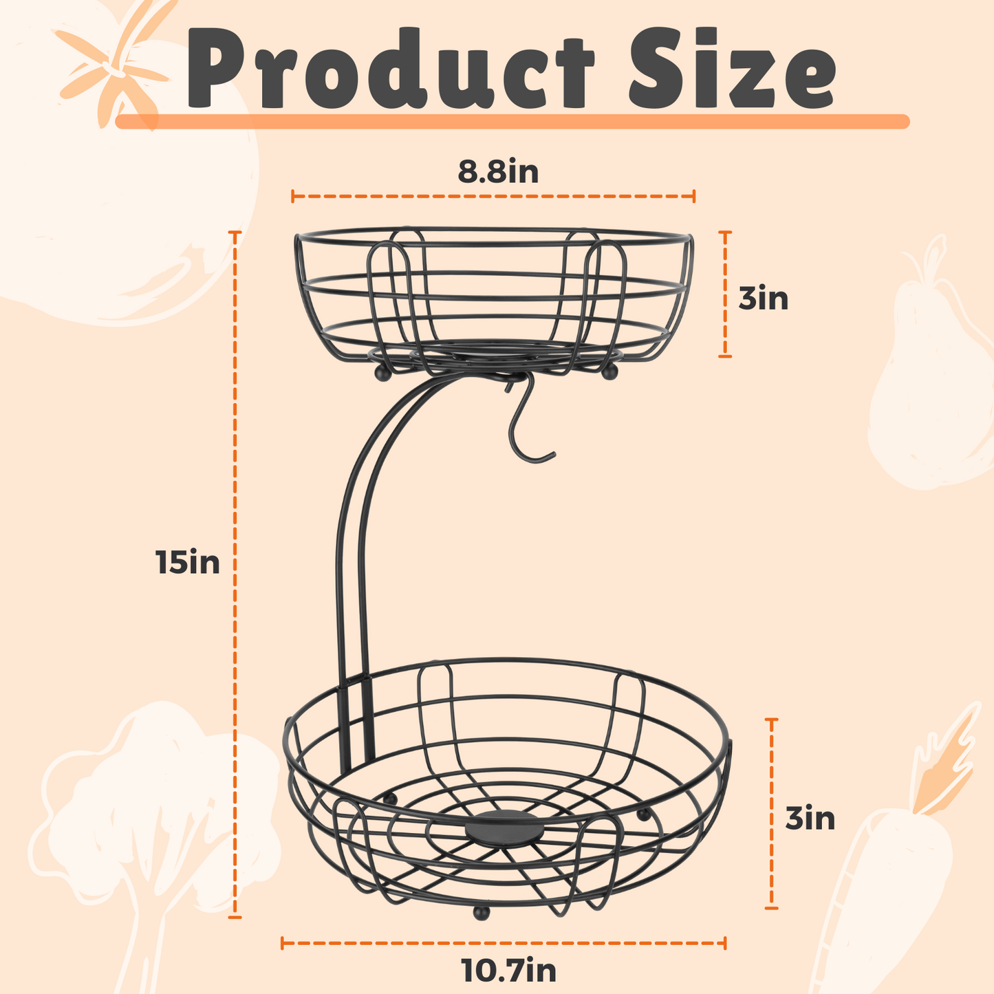 Fruit Basket for Kitchen Countertop, Black 2 Tier Fruits Holder Stand with Banana Hanger, Wire Produce Vegetable Storage Bowl