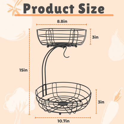 Fruit Basket for Kitchen Countertop, Black 2 Tier Fruits Holder Stand with Banana Hanger, Wire Produce Vegetable Storage Bowl