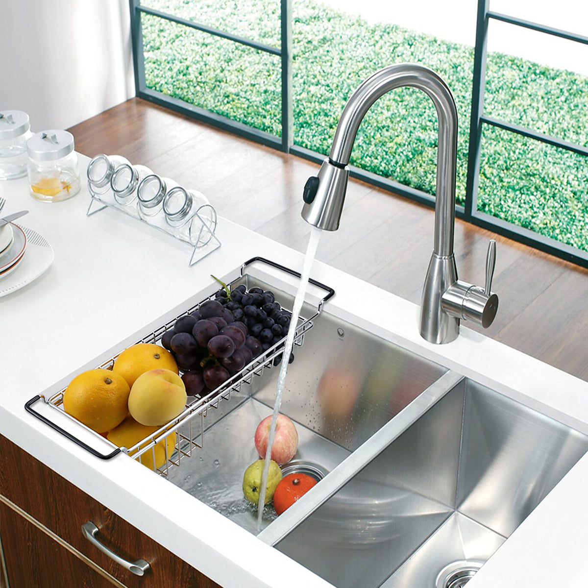 Kitchen Sink Caddy Sponge Holder, Hanging Dish Sponge Organizer Holder, Telescopic Farmhouse Sink Accessories, Over Sink Expandable(14''-20'') Brush Soap Storage Rack - Stainless Steel
