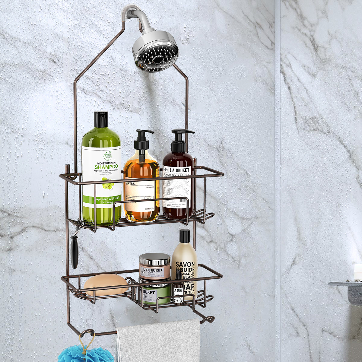 Hanging Shower Caddy over Shower Head, Bathroom Shower Organizer, Shower Storage Rack, Shampoo and Soap Holder, Bronze