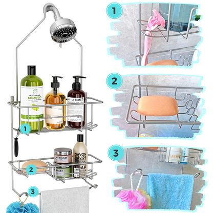 Shower Caddy over Shower Head, Hanging Shower Organizer Rack, Bathroom Caddy for Shower, Rustproof Shampoo Holder Shelf, Silver