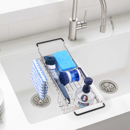 Sink Caddy Kitchen Sink Organizer with Dish Towel Bar, Stainless Steel Telescopic Sink Storage Rack, Farmhouse in Sink Sponge Holder, Expandable Utility Sink Accessories (14''-20'')