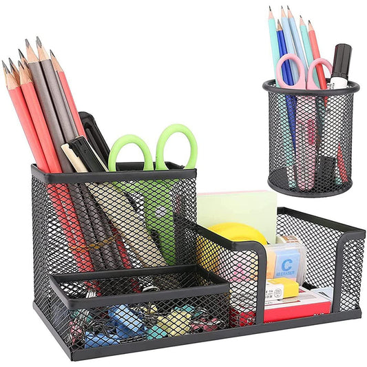 Pen Holder Pencil Holders for Desk Pencil Cup,4 Compartments Pen and Pencil Holders,2 Piece Mesh Stationery Organizer for Office Desk,Black Office Supplies Accessory for Desktop