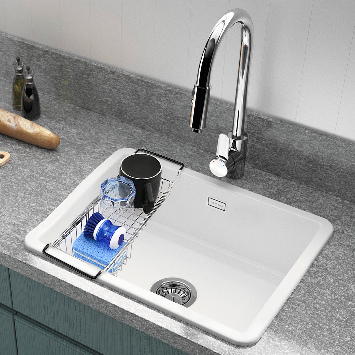 Kitchen Sink Caddy Sponge Holder, Hanging Dish Sponge Organizer Holder,  Telescopic Farmhouse Sink Accessories, Over Sink Expandable(14''-20'')  Brush