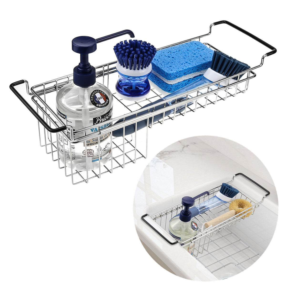 BEENLE 304 Stainless Steel Telescopic Sink Caddy Sponge Holder,Expandable  Kitchen Sink Organizer Dish Drainer Rack Sink Tray Brush Soap  Holder(16.7