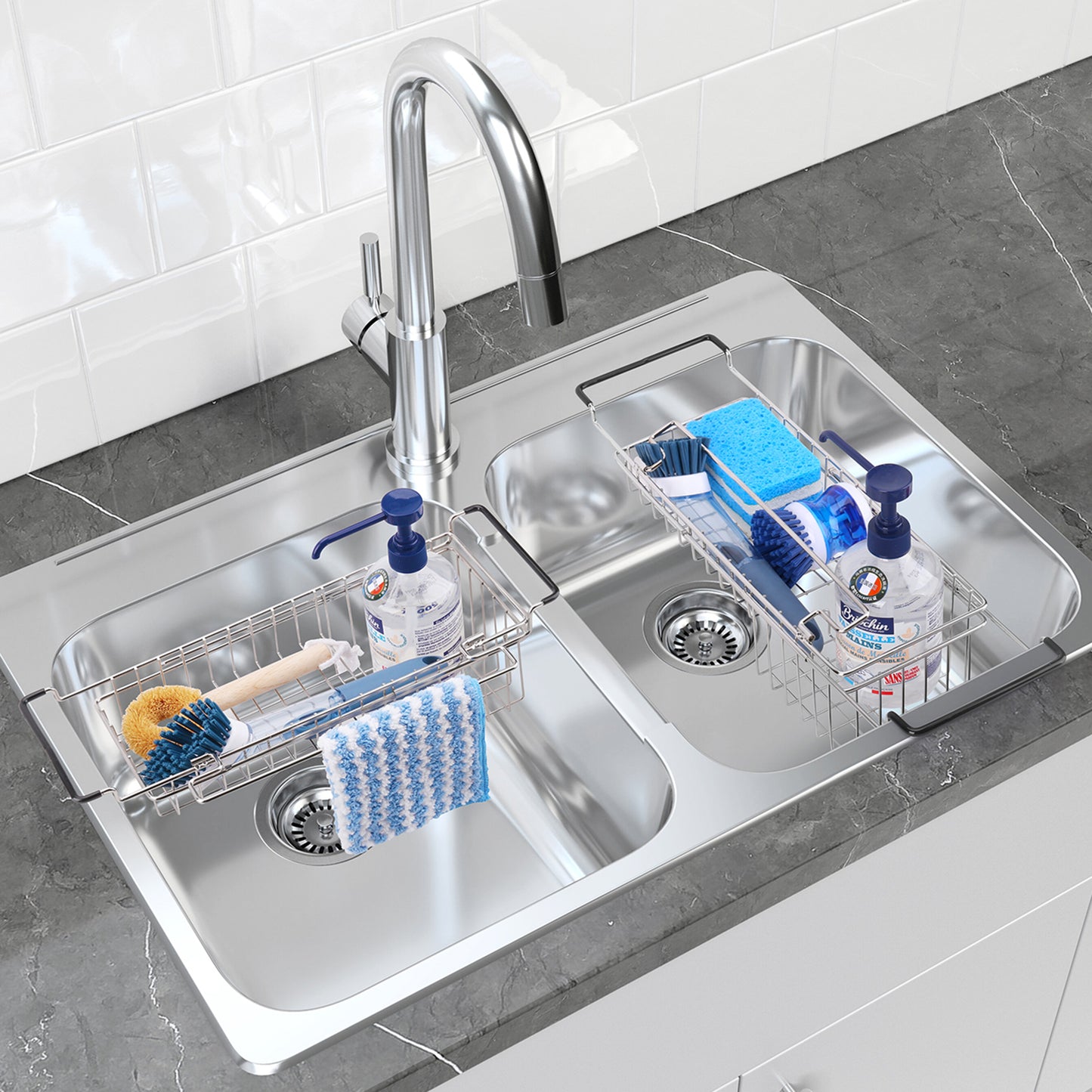Sink Caddy Kitchen Sink Organizer with Dish Towel Bar, Stainless Steel Telescopic Sink Storage Rack, Farmhouse in Sink Sponge Holder, Expandable Utility Sink Accessories (14''-20'')