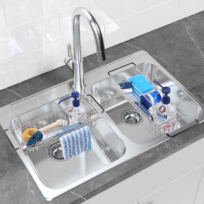 Sink Caddy Kitchen Sink Organizer with Dish Towel Bar, Stainless Steel Telescopic Sink Storage Rack, Farmhouse in Sink Sponge Holder, Expandable Utility Sink Accessories (14''-20'')