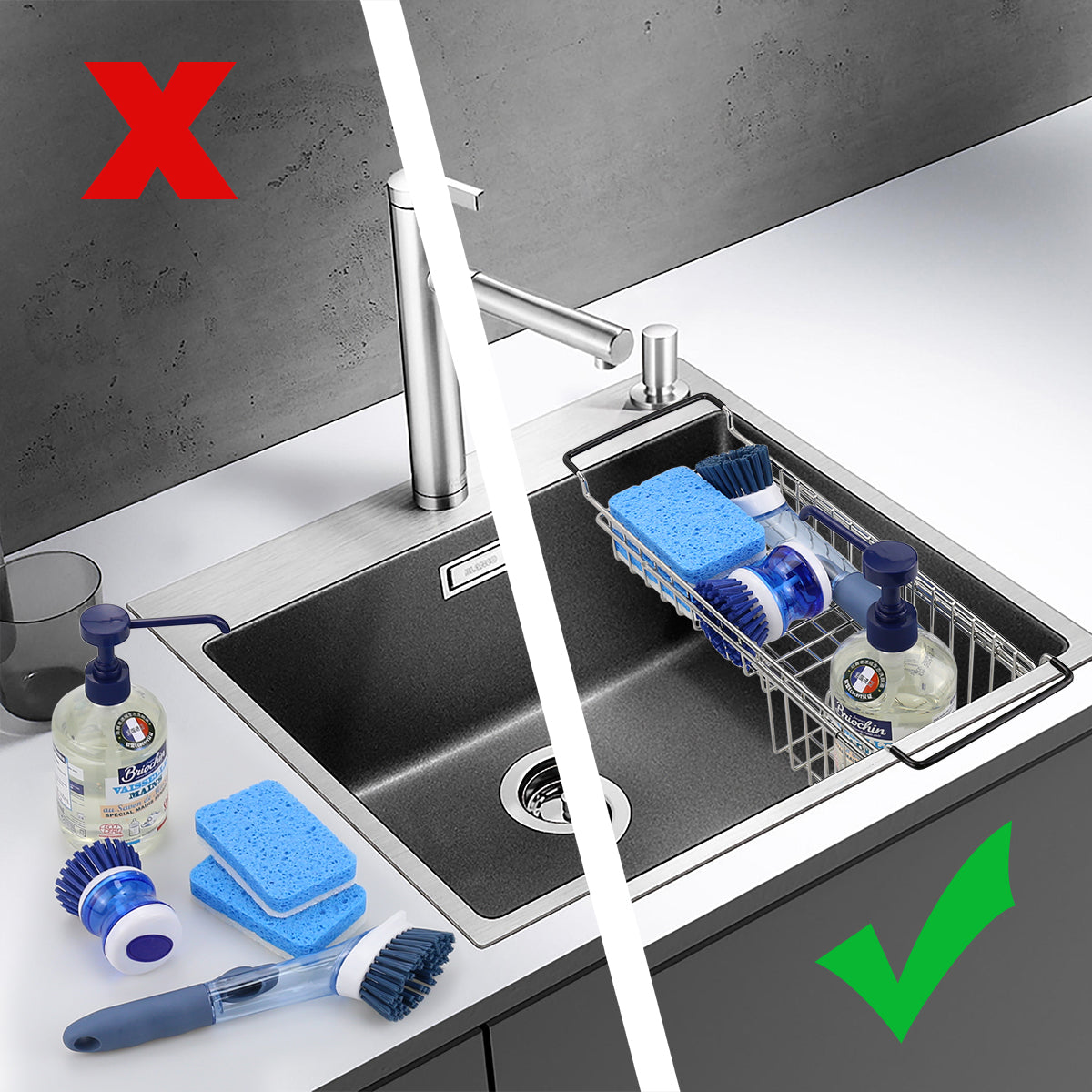 Kitchen Sink Caddy Sponge Holder, Hanging Dish Sponge Organizer Holder, Telescopic Farmhouse Sink Accessories, Over Sink Expandable(14''-20'') Brush Soap Storage Rack - Stainless Steel