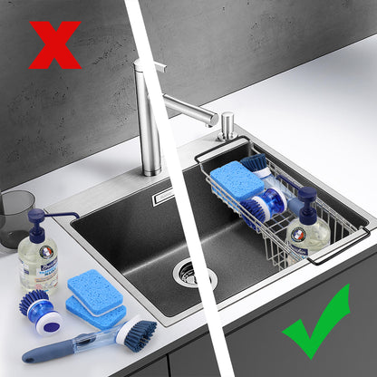 Kitchen Sink Caddy Sponge Holder, Hanging Dish Sponge Organizer Holder, Telescopic Farmhouse Sink Accessories, Over Sink Expandable(14''-20'') Brush Soap Storage Rack - Stainless Steel