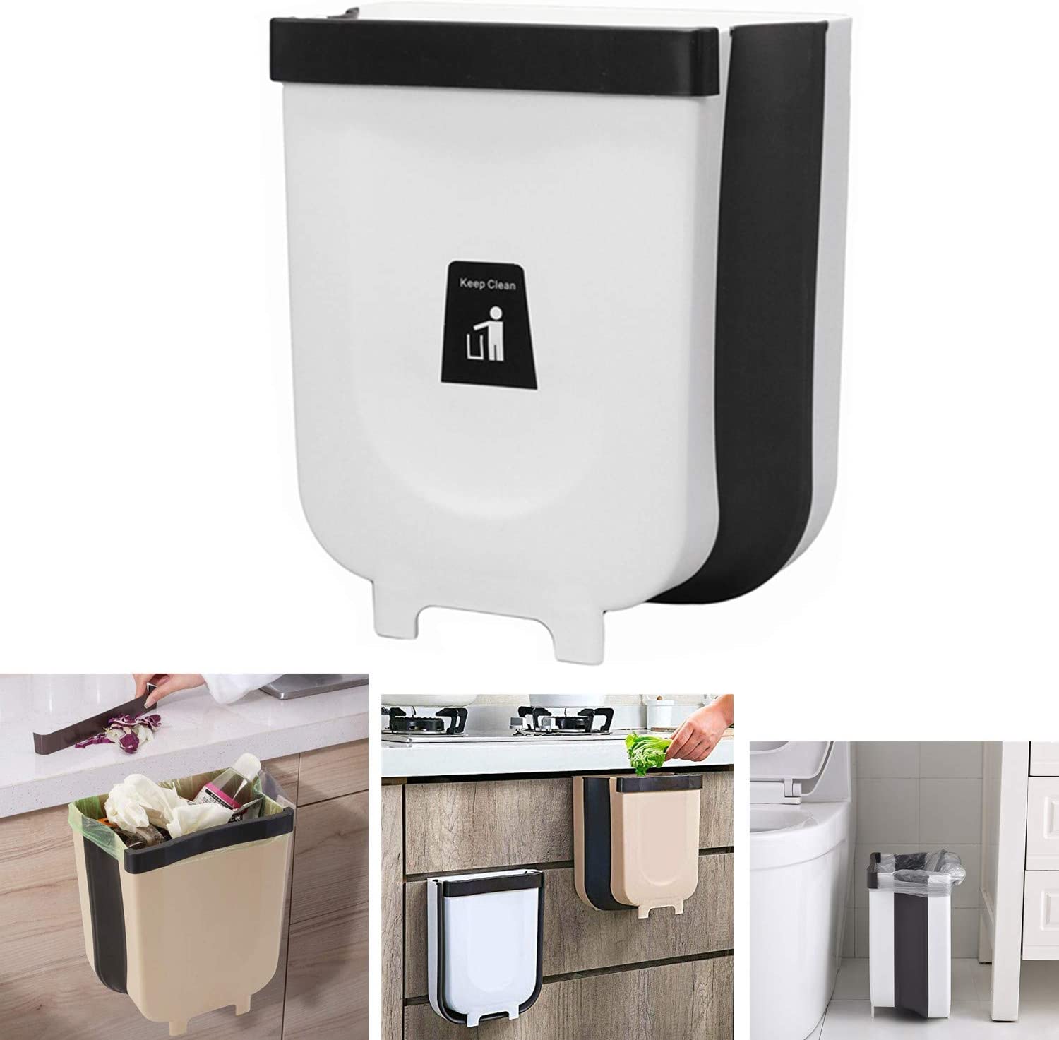 Hanging Collapsible Trash Can - 9L Wall Mounted Foldable Waste Bin for  Kitchen Cabinet Door - Quickly Clean Counter, Sink, Bathroom - RV, Car,  Camping