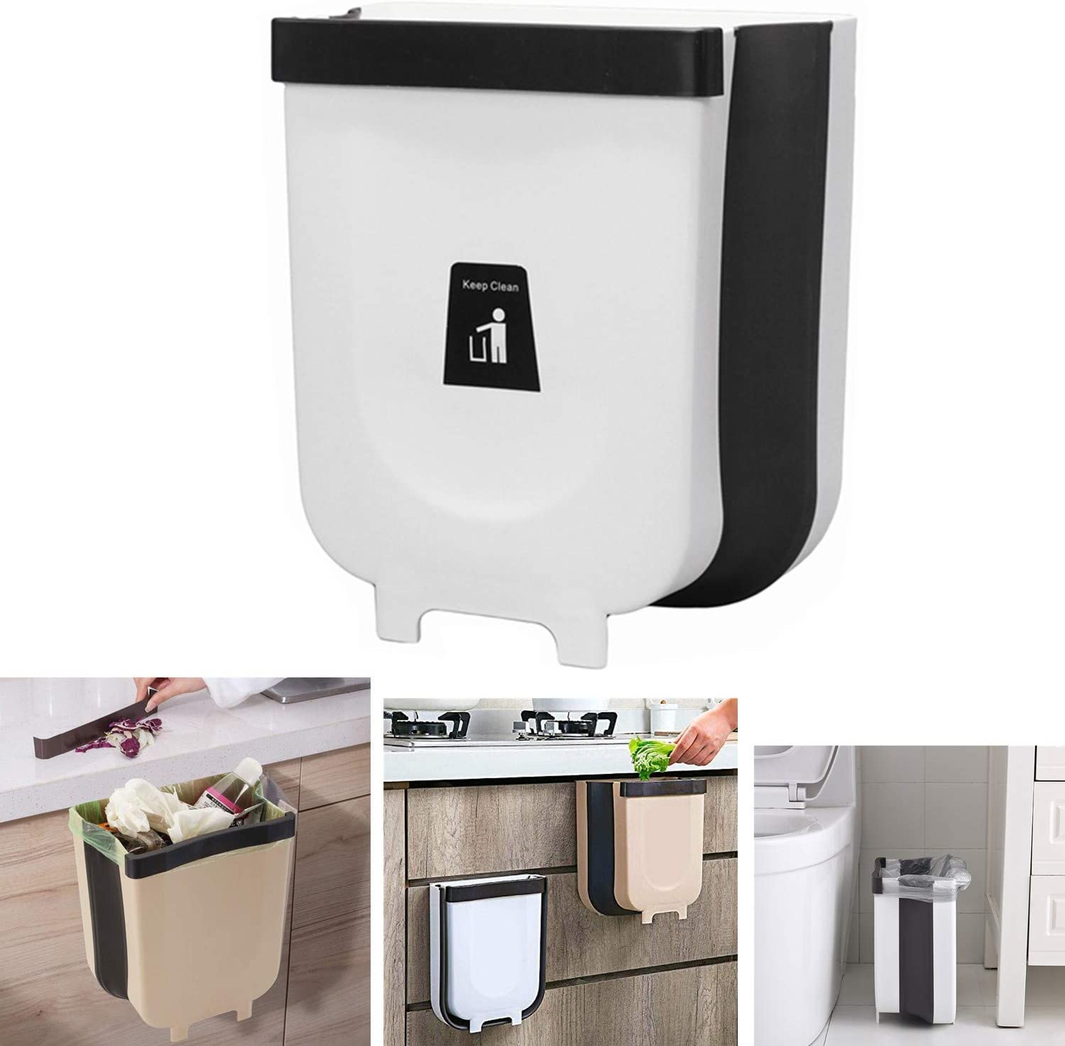 Folding Trash Can, Wall Mounted Folding Waste Bin, Hanging Garbage Can for  Kitchen Cabinet Door, Foldable Plastic Car Bathroom Waste Basket White