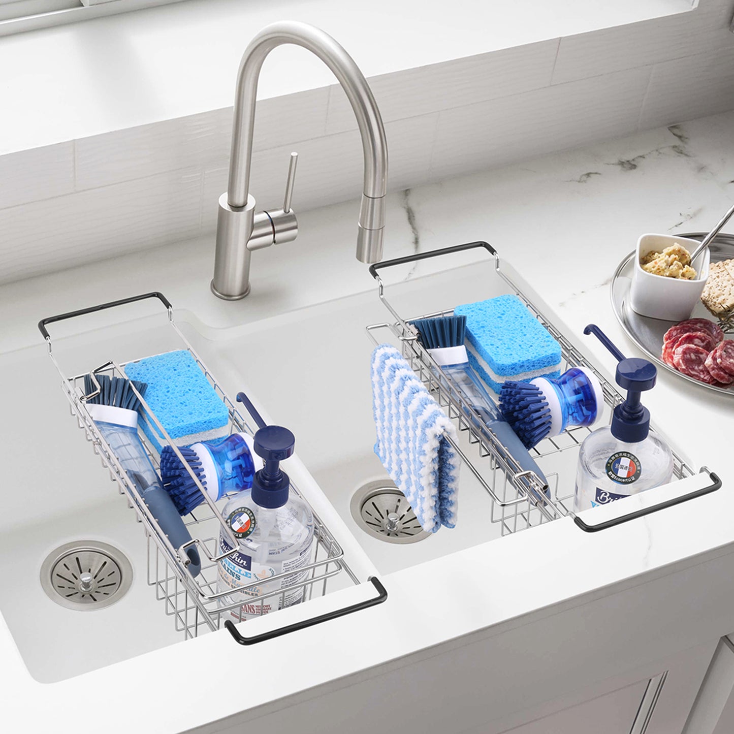 Sink Caddy Kitchen Sink Organizer with Dish Towel Bar, Stainless Steel Telescopic Sink Storage Rack, Farmhouse in Sink Sponge Holder, Expandable Utility Sink Accessories (14''-20'')