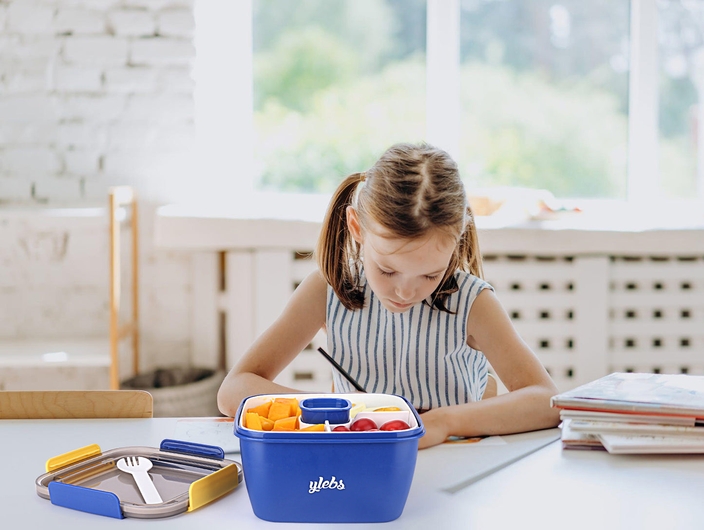 Bento Box Salad Lunch Containers with Compartments,52-oz Salad Bowl with Bento-Style Tray,Leak-Proof Lunch Box for Kids & Adults,BPA-Free and Food-Safe Materials(Blue)