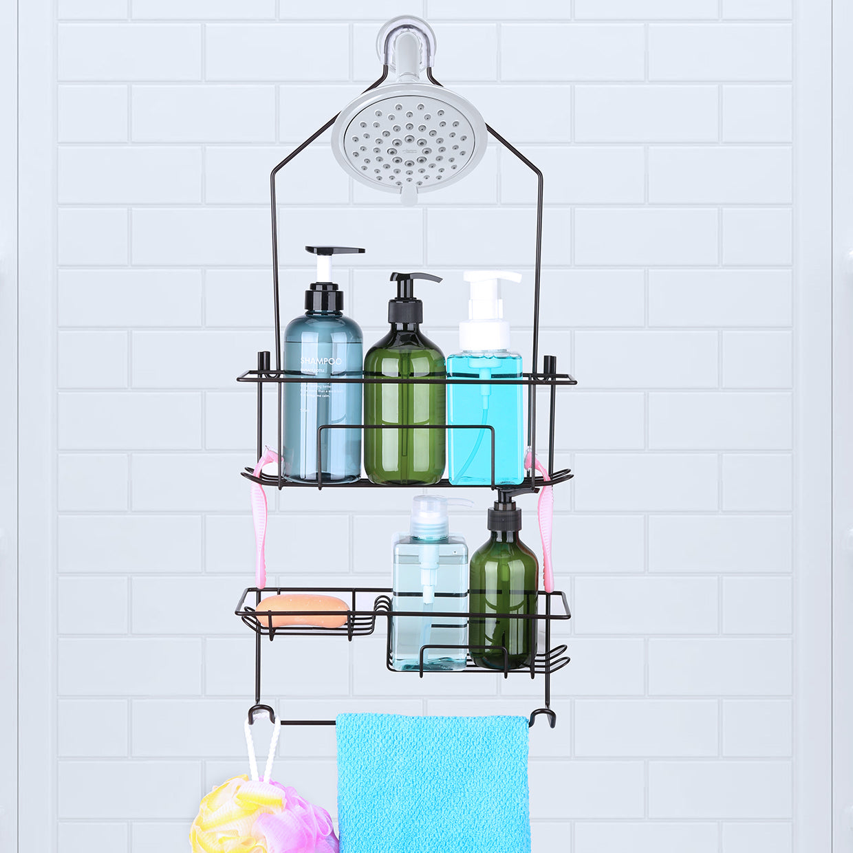 Hanging Shower Caddy over Shower Head, Bathroom Shower Organizer, Shower Storage Rack, Shampoo and Soap Holder, Bronze
