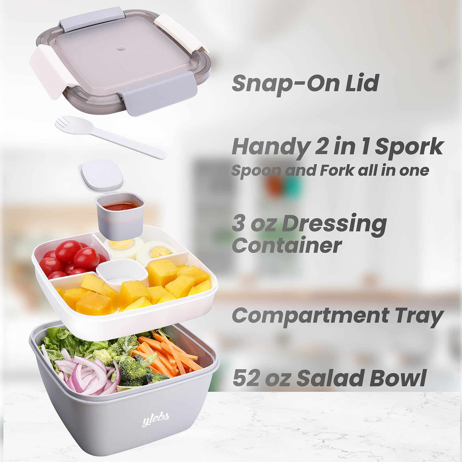 Bento Box Adult Lunch Box Salad Container for Lunch,52-oz Large Salad Bowl,3-Compartment Bento-Style Tray and 2-oz Sauce Container for Dressings