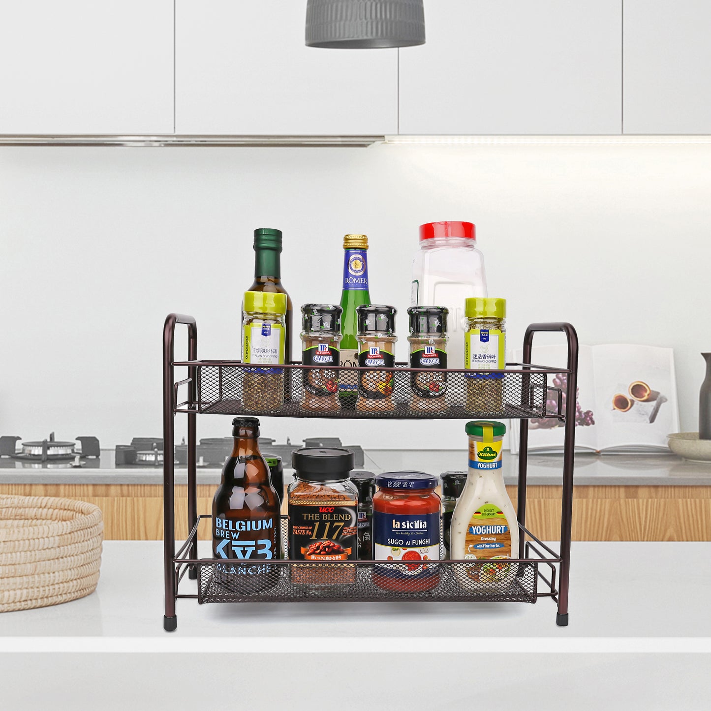 Spice Rack for Countertops,Fruit and Vegetable Storage Basket for Kitchen, 2 Tier Free Standing Seasoning Organizer, Bathroom Counter Storage Shelf, Bronze