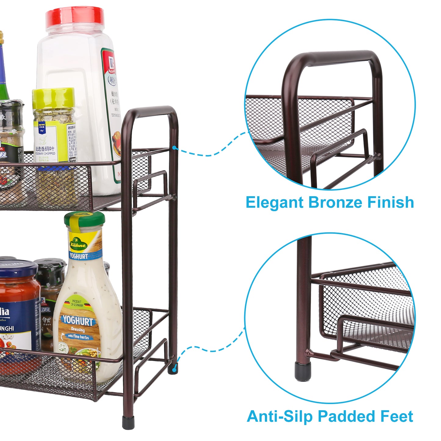 Spice Rack for Countertops,Fruit and Vegetable Storage Basket for Kitchen, 2 Tier Free Standing Seasoning Organizer, Bathroom Counter Storage Shelf, Bronze