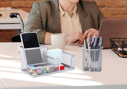 Pen Holder Pencil Holder for Desk 2 Pack,3 Compartments Mesh Office Supplies Accessories Caddy with Round Pen Cup Holder, Desk Organizer for Home, Office and School,Silver